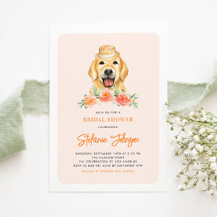 Invitation Cute Golden Retriever Peach Floral Fête des mariée