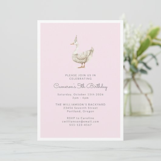 Invitation Cute Goose Aquarelle rose 5e anniversaire fête (Debout devant)
