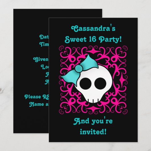 Invitation Cute gothic skull (Devant / Derrière)
