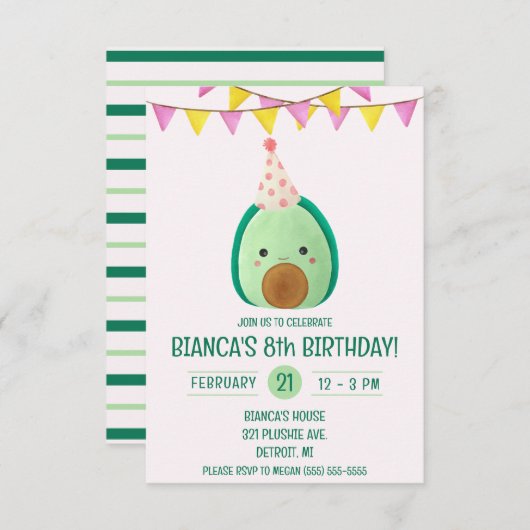 Invitation Cute Green Avocado Stuffy, Plush Anniversaire Part (Devant / Derrière)