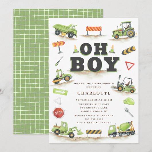 Invitation Cute Green Construction Baby shower camion Invitat (Devant / Derrière)