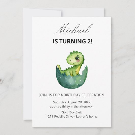 Invitation Cute Green Dinosaur 2nd Birthday Party  (Devant)