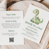 Invitation Cute Green Dinosaur QR Code Boy Baby shower