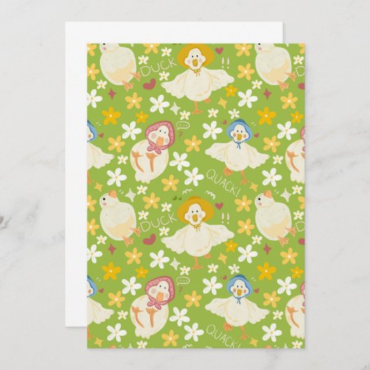Invitation Cute Green Duck & Daisy Flower Seamless Pattern (Devant / Derrière)