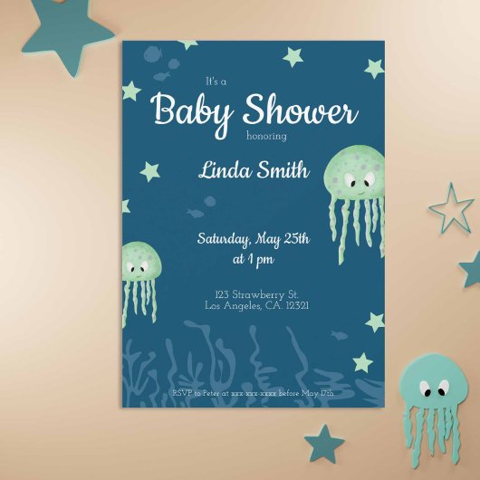 Invitation Cute Green Jellyfish Neutral Baby Shower