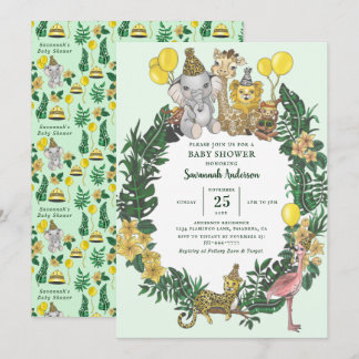 Invitation Cute Green Safari Animaux Baby shower Garçon