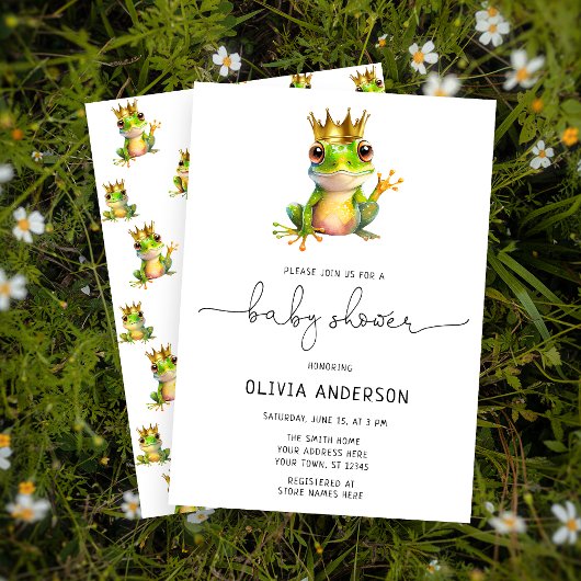 Invitation Cute grenouille Prince Vert & Baby shower Or
