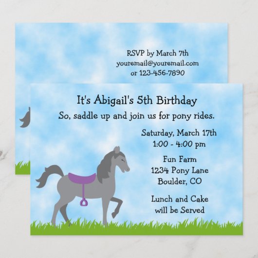 Invitation Cute Grey Horse Pony Rides Cheval Anniversaire (Devant / Derrière)