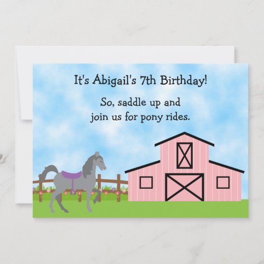 Invitation Cute Grey Horse Pony Rides Filles Anniversaire Inv (Devant)