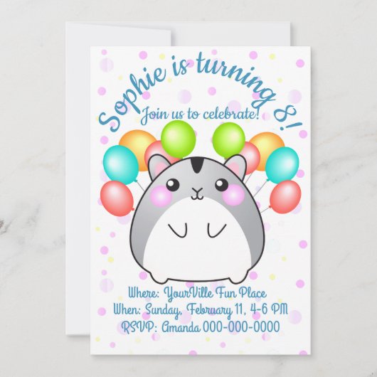 Invitation Cute Grey Kawaii Hamster Anniversaire (Devant)