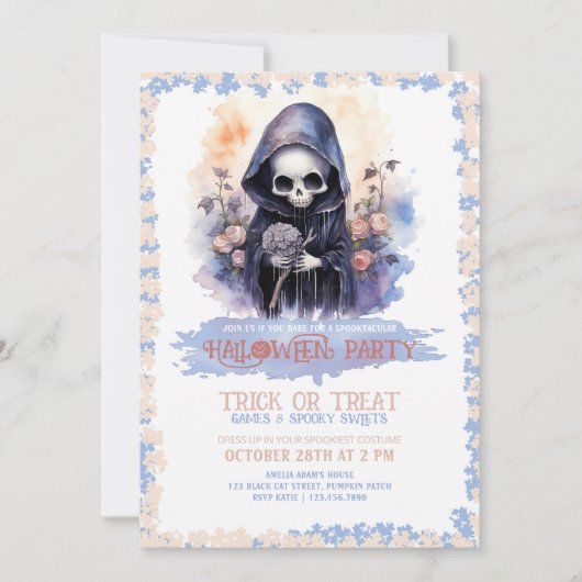 Invitation Cute Grim Reaper et Fleurs Aquarelle (Devant)