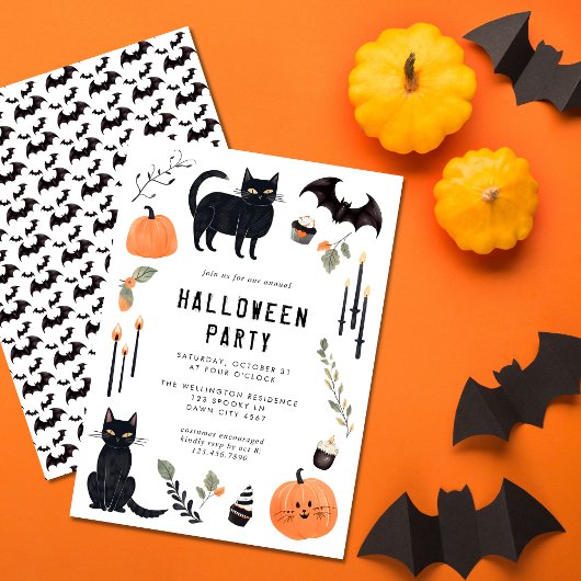 Invitation Cute Halloween Chat Bat Citrouille
