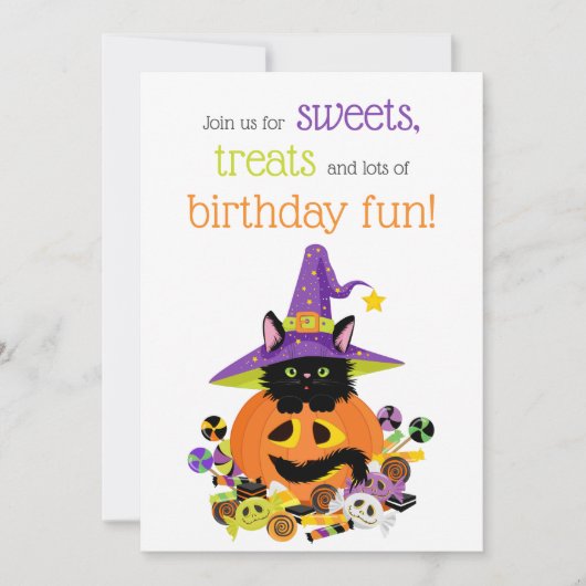 Invitation Cute Halloween Chat Purple, Vert, Orange Anniversa (Devant)