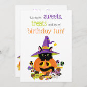 Invitation Cute Halloween Chat Purple, Vert, Orange Anniversa (Devant / Derrière)
