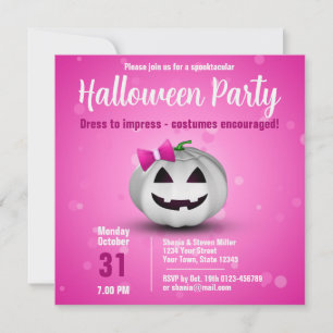 Invitation Cute Halloween Citrouille blanc rose fille