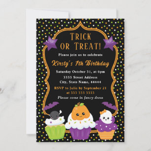 Invitation Cute Halloween Cupcakes & Pois Anniversaire