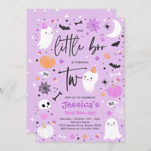 Invitation Cute Halloween Ghost Little Boo 2e fête d'annivers (Devant / Derrière)