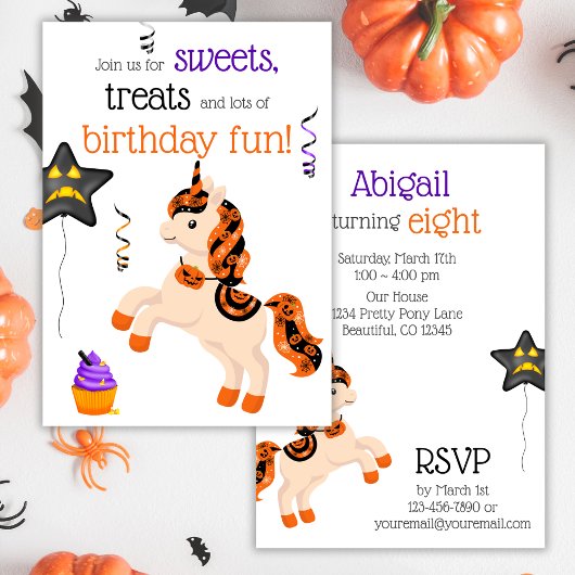 Invitation Cute Halloween Horse Unicorne fête d'anniversaire