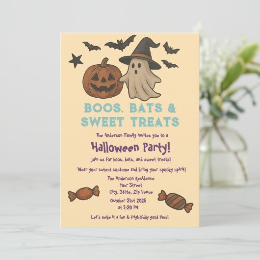 Invitation Cute Halloween - Pastel Citrouille & Candy Party (Debout devant)