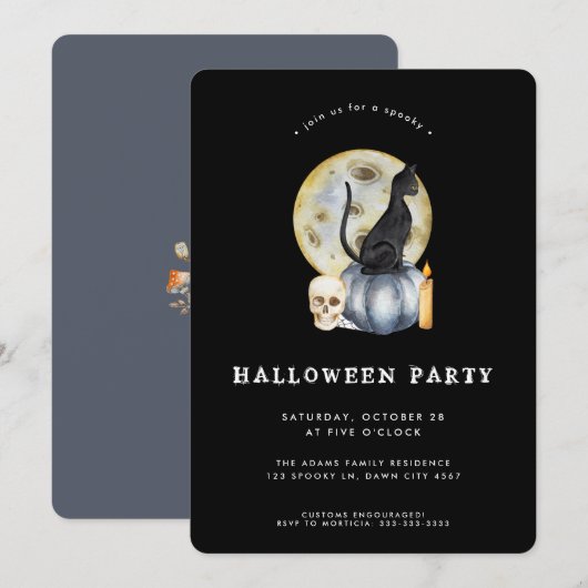 Invitation Cute Halloween Watercolor Cat Moon Party (Devant / Derrière)