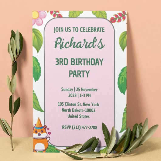 Invitation Cute Hamster Botanical à thème fête d'anniversaire