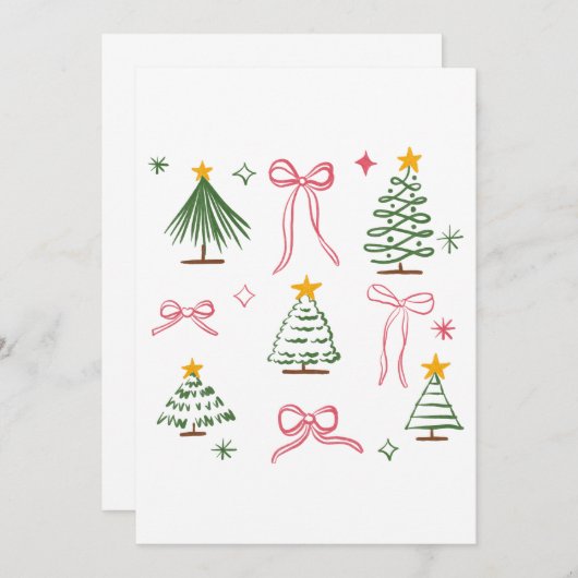 Invitation Cute Hand Drawn Christmas Trees and Bows Pattern (Devant / Derrière)