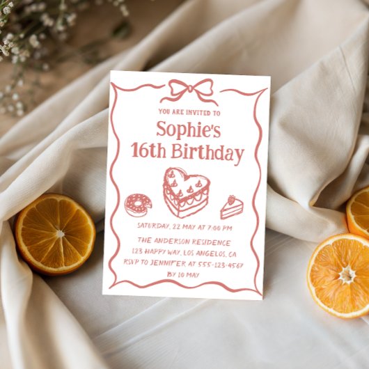 Invitation Cute Hand-Drawn Sweets & Ribbon Sweet 16 Birthday