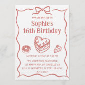 Invitation Cute Hand-Drawn Sweets & Ribbon Sweet 16 Birthday (Devant)