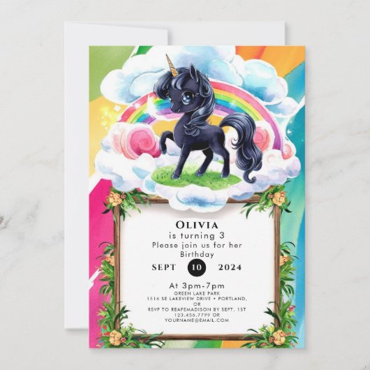 Invitation Cute Happy Black Unicorn Anniversaire (Devant)