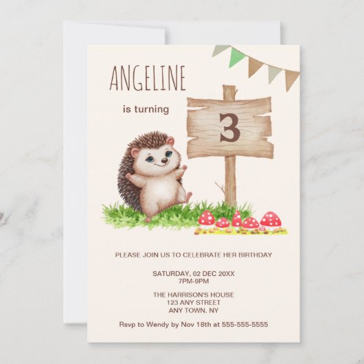 Invitation Cute Happy Happy Hedgehog Champhroom Anniversaire (Devant)