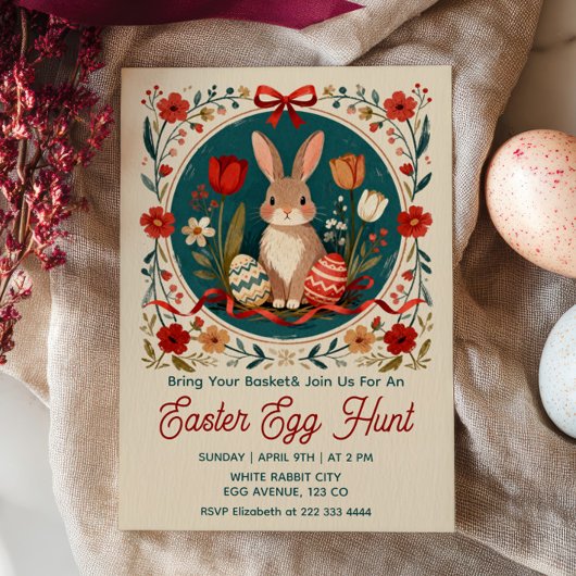 Invitation Cute Hare with Eggs Floral Easter Egg Hunt 