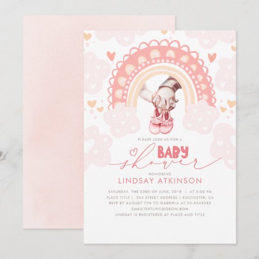 Invitation Cute Heart Boho Rainbow Baby shower rose (Devant / Derrière)