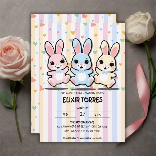 Invitation Cute Heart Bunny Hoppers Baby Shower