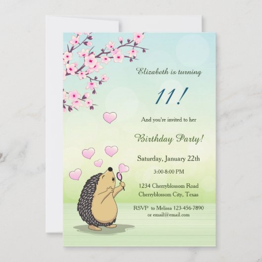 Invitation Cute Hedgehog Cherry Blossom Fille Anniversaire (Devant)