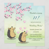 Invitation Cute Hedgehog Cherry Blossom Fille Anniversaire (Devant / Derrière)