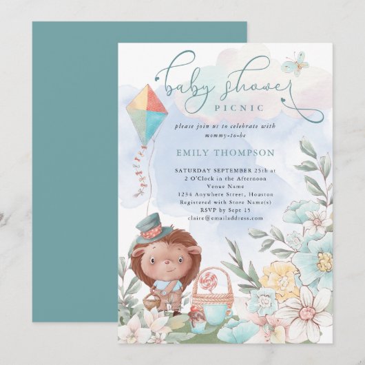 Invitation Cute Hedgehog Florals Baby shower pique-nique garç (Devant / Derrière)