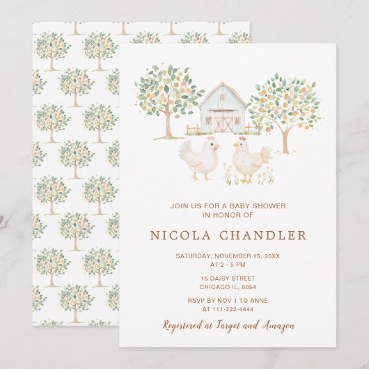 Invitation Cute Hens Farm Grange Baby shower (Devant / Derrière)
