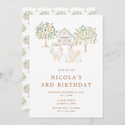 Invitation Cute Hens Farm Grange fête d'anniversaire (Devant / Derrière)