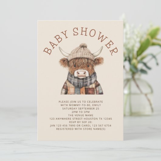 Invitation Cute Highland Baby shower de crème de vache (Debout devant)