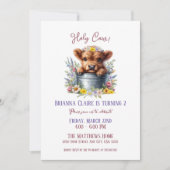 Invitation Cute Highland Cow avec Anniversaire de enfant Fleu (Devant)