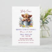 Invitation Cute Highland Cow avec Anniversaire de enfant Fleu (Debout devant)