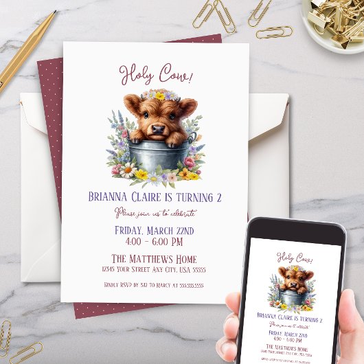 Invitation Cute Highland Cow avec Anniversaire de enfant Fleu