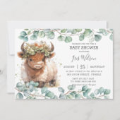 Invitation Cute Highland Cow Eucalyptus Baby shower vert (Devant)