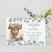 Invitation Cute Highland Cow Eucalyptus Baby shower vert (Debout devant)
