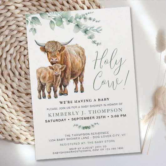 Invitation Cute Highland Cow Moderne Eucalyptus Vert