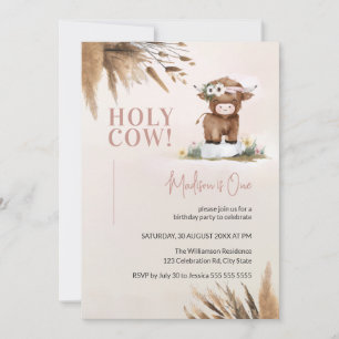 Invitation Cute Highland Cow Pampas Ferme 1er anniversaire