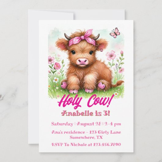 Invitation Cute Highland Vache papillon Fille Anniversaire (Devant)