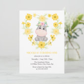 Invitation Cute Hippopotamus Coeur de Fleur Jaune 1er Anniver (Debout devant)
