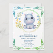 Invitation Cute Hippopotamus Flower Wreath 1er anniversaire (Devant)