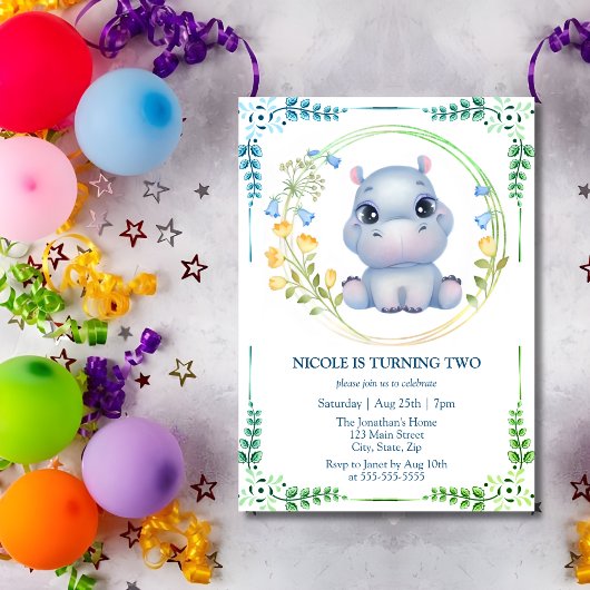Invitation Cute Hippopotamus Flower Wreath 2e anniversaire